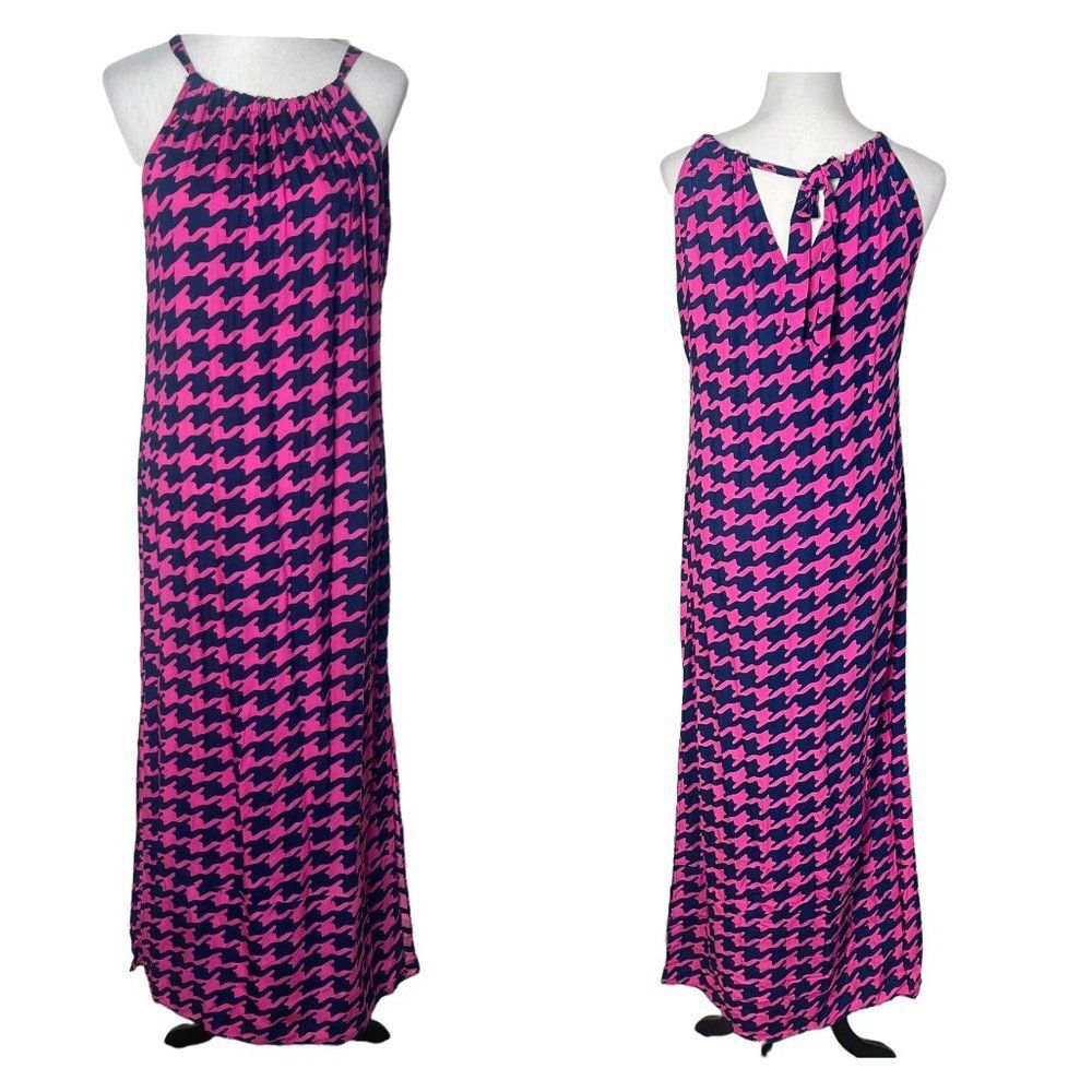 Escapada Womens Long Maxi Dress Pink Side Split Houndstooth Beach Cruise Size S